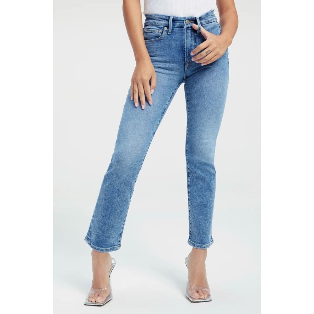 Good American Jeans Straight Leg Crop Size 8 Medium Wash Denim